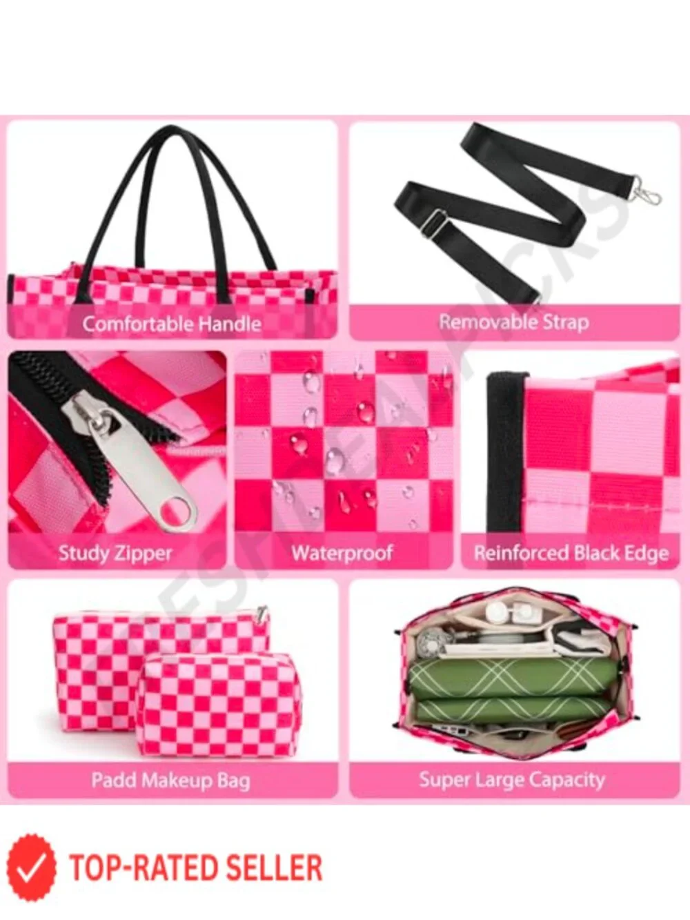 Waterproof Beach Tote Bag with 2 Makeup Bags Travel Work Gym Weekend